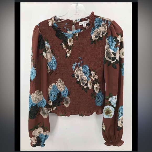 Maison d'Amelie Royal Brown Floral Print Smocked Sleeve Ruffle - Picture 1 of 5